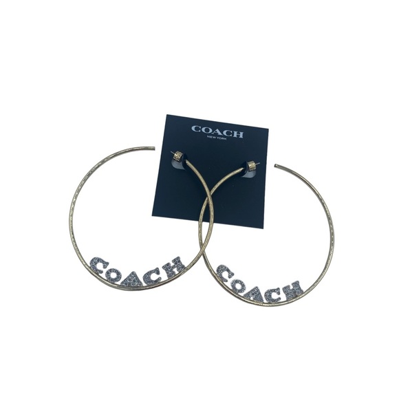 NWT Coach massive huge gold tone Signature Logo Hoop Earrings with rhinestones - Picture 10 of 13